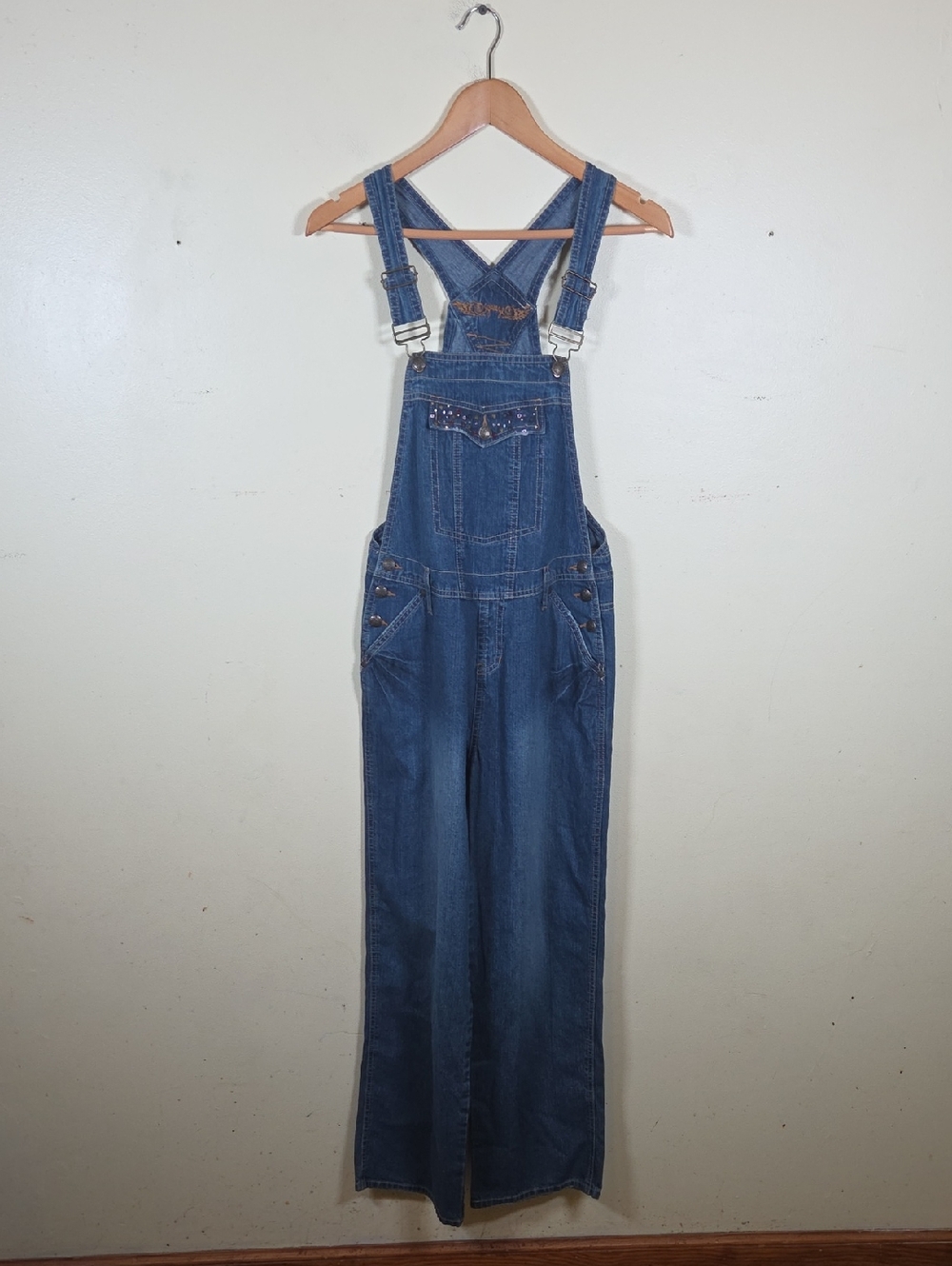 Y2K Squeeze Jeans Overalls Jeweled Womens XL Blue Denim Bib Carpenter